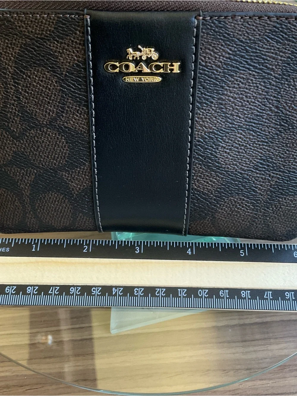 COACH Brown Signature Wristlet with Black Leather Trim